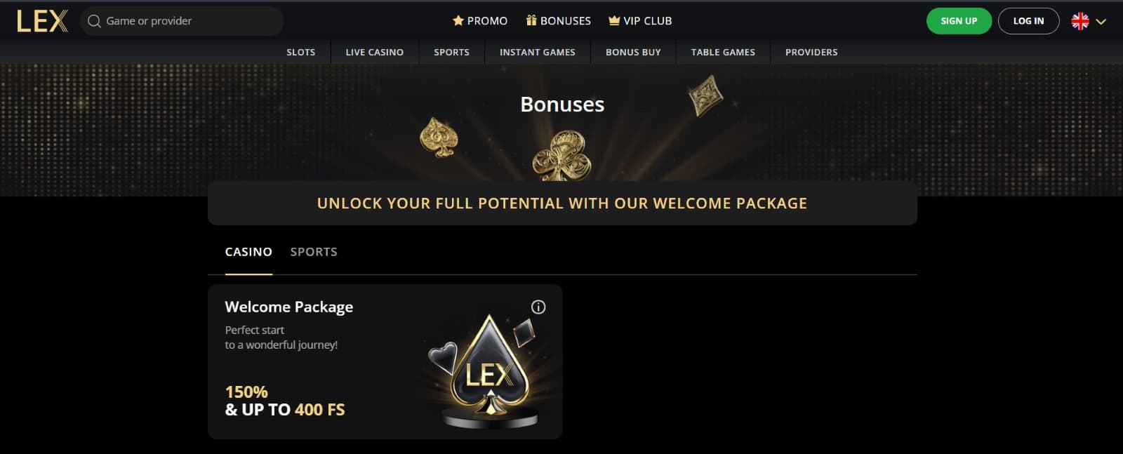 Lex Casino promotions page with 150% welcome bonus under golden clover image