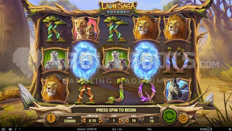 Base Game with two blue lion symbols on the reels.