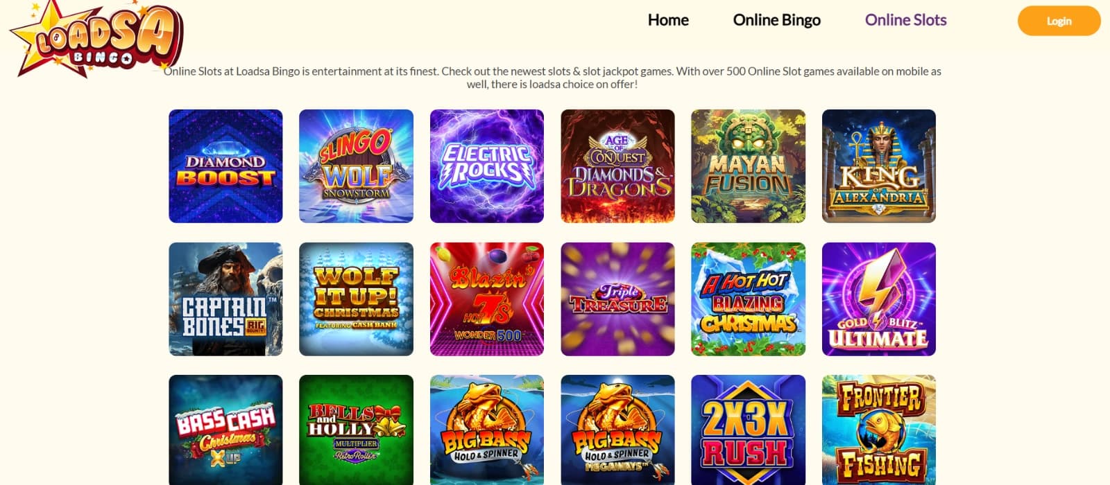 Loadsa Bingo casino online slots lobby with 777 slot games and Big Bass Slots