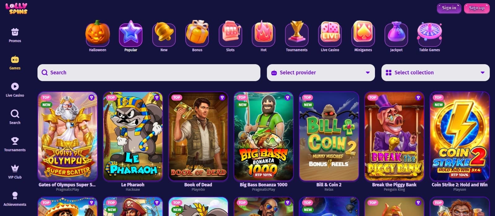 LollySpins Casino's gaming library featuring popular slots such as Le Pharaoh, Book of Dead, and Big Bass Bonanza 1000