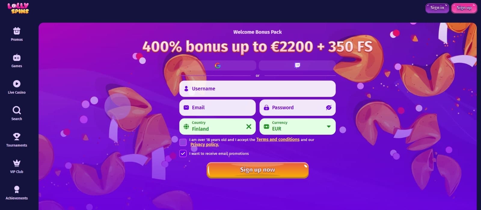 LollySpins Casino's landing page with the sign up form and the 400% up to 2200 euros and 350 free spins welcome bonus