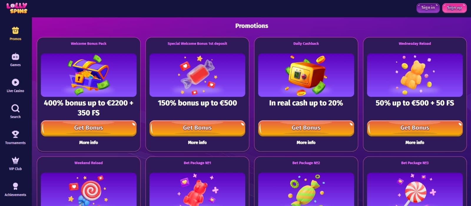 LollySpins Casino's promotions page with the welcome bonuses, daily cashback, midweek reload and weekend reload offers