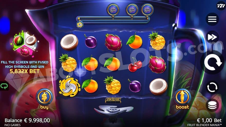 A casino slot with the fruits in a blender.