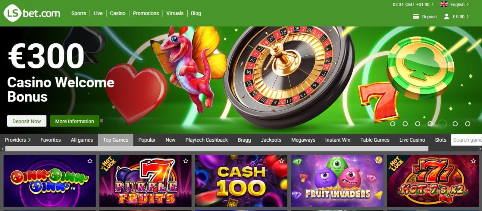 LSbet Casino's homepage, showing the welcome bonus flanked by a roulette wheel.