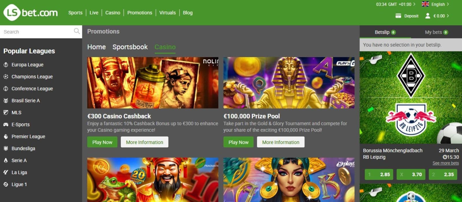 LSbet Casino's promotions page, showing one of the cashback offers and tournaments.