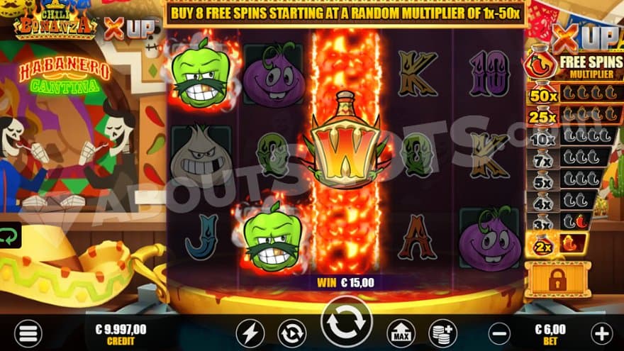 A win with apples on the first two reels and an extended Wild Symbol on the third.