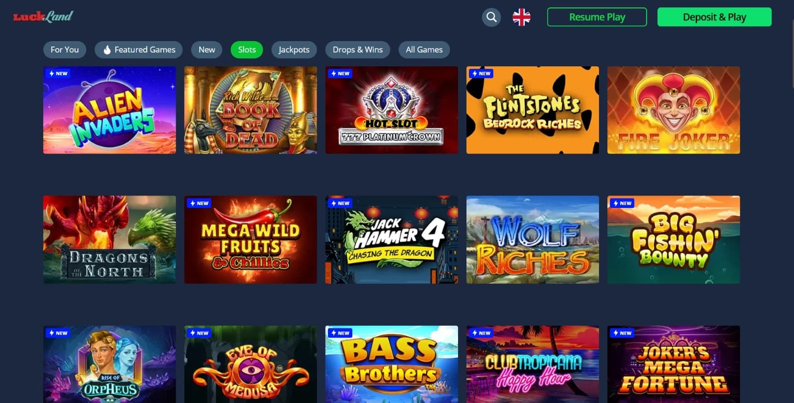 LuckLand Casino games page featuring slot games such as Fire Joker, the Book of Dead and Wolf Riches 