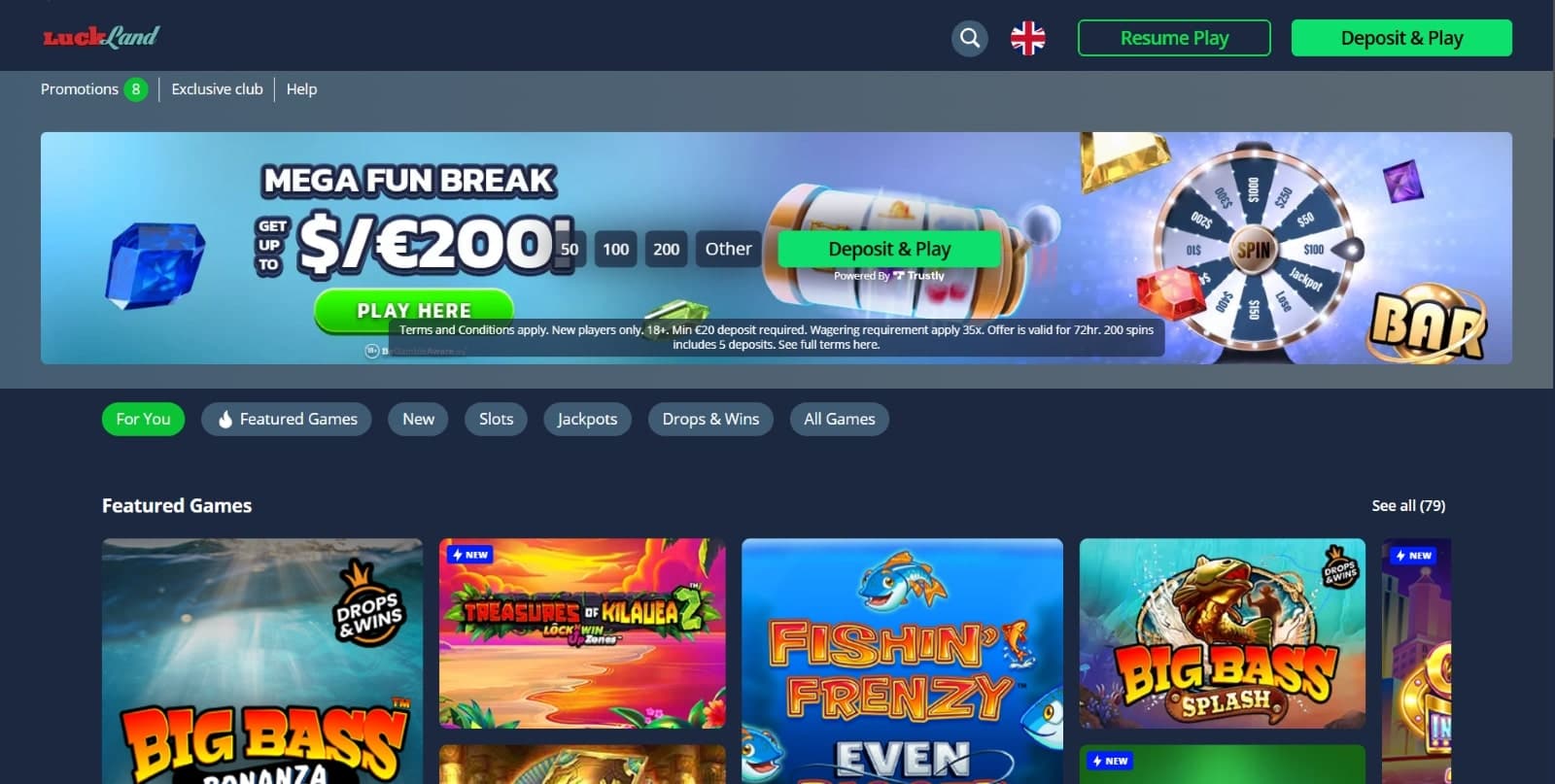 LuckLand Casino landing page featuring mega fun break of  200 eur and presents the features games like Big Bass Bonanza