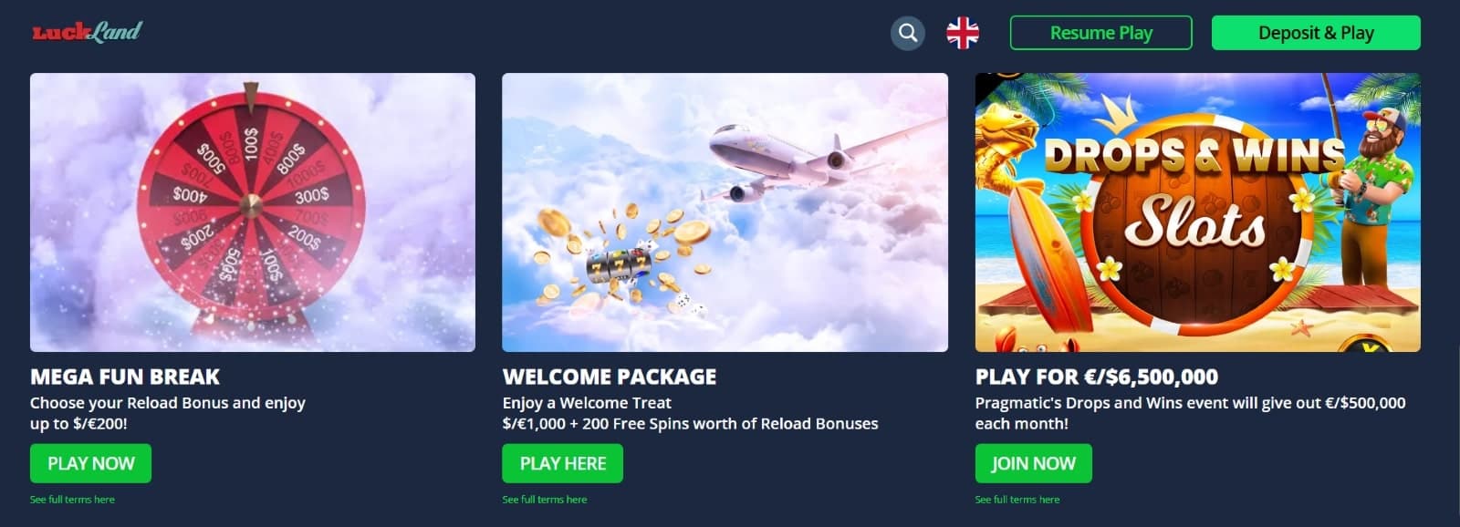 LuckLand Casino promotions page featuring Mega Fun Break, Welcome bonus of 1000 eur and Drops and Wins slots 
