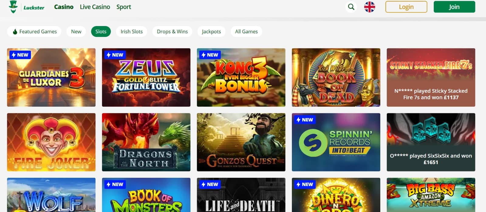 Luckster Casino games page with slot titles under category filter