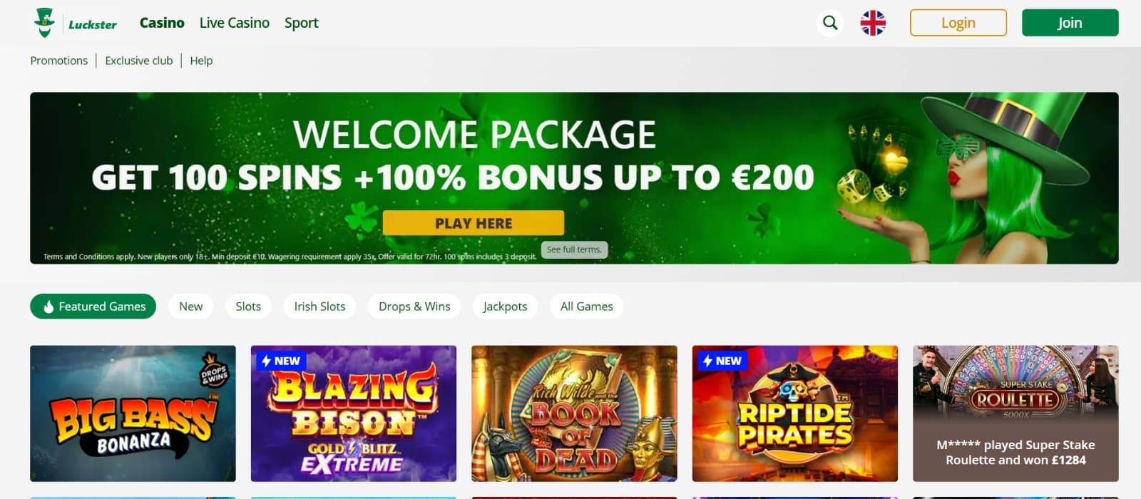 Luckster Casino landing page with welcome package promo banner and Irish-themed colours