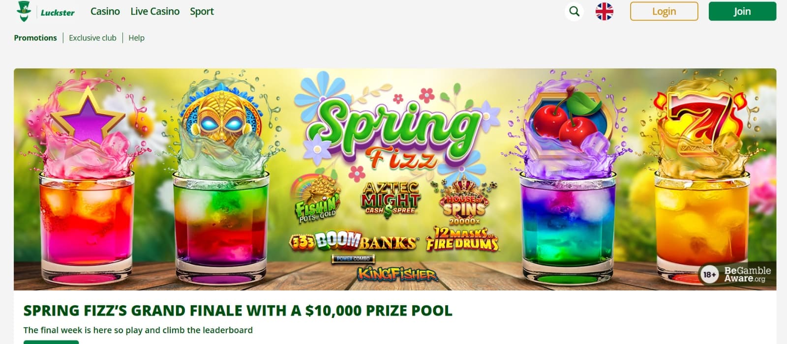 Luckster Casino promotions page with spring free spins promotions