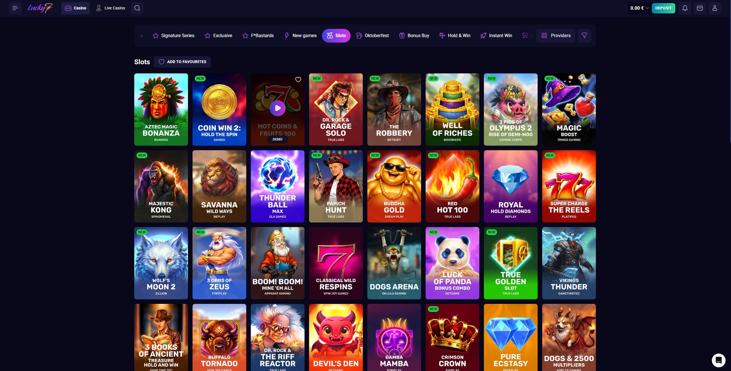 Lucky7 Games Page showing a selection of games and game categories