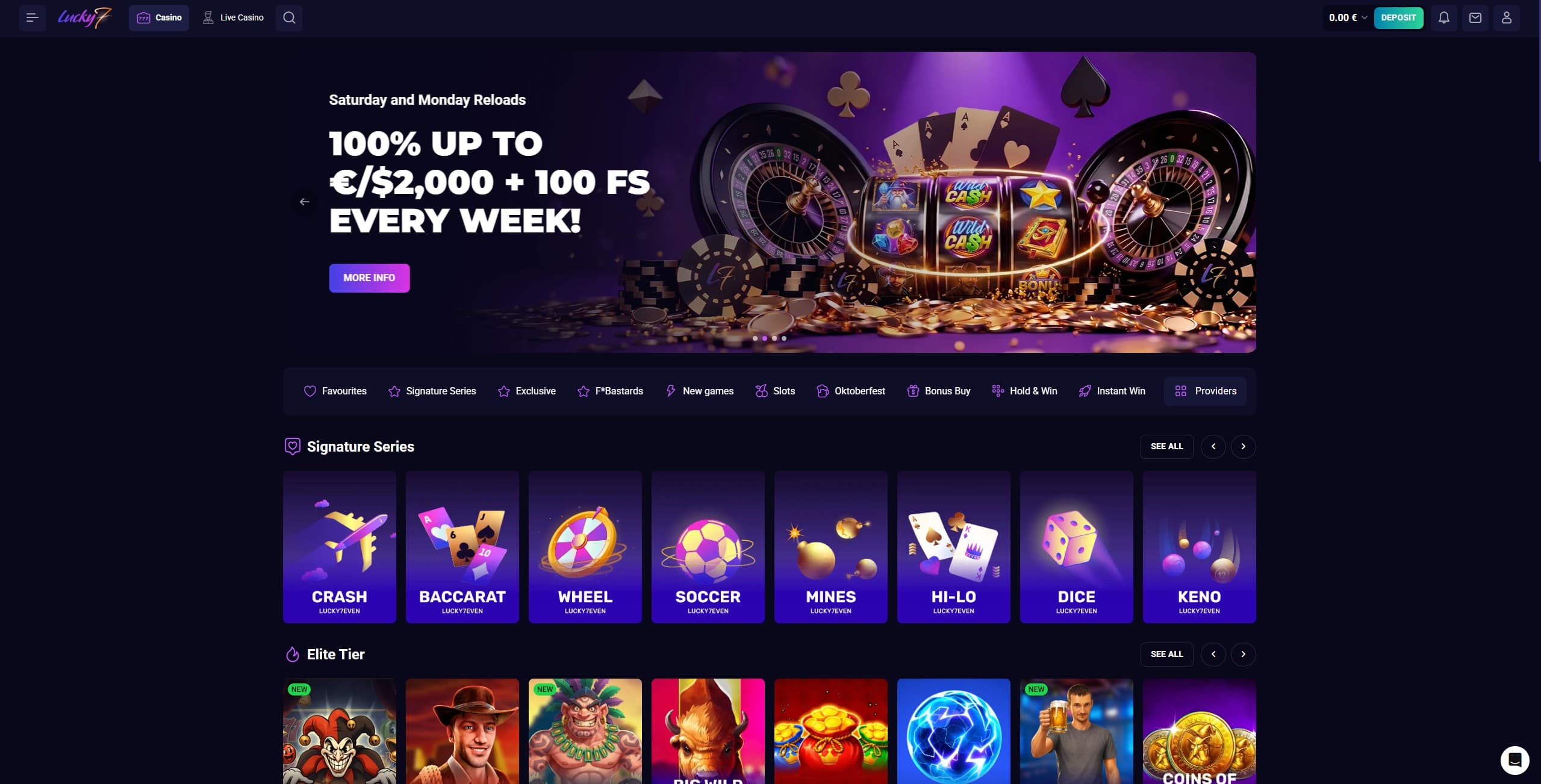 Lucky7 Landing Page showing a selection of games and game categories