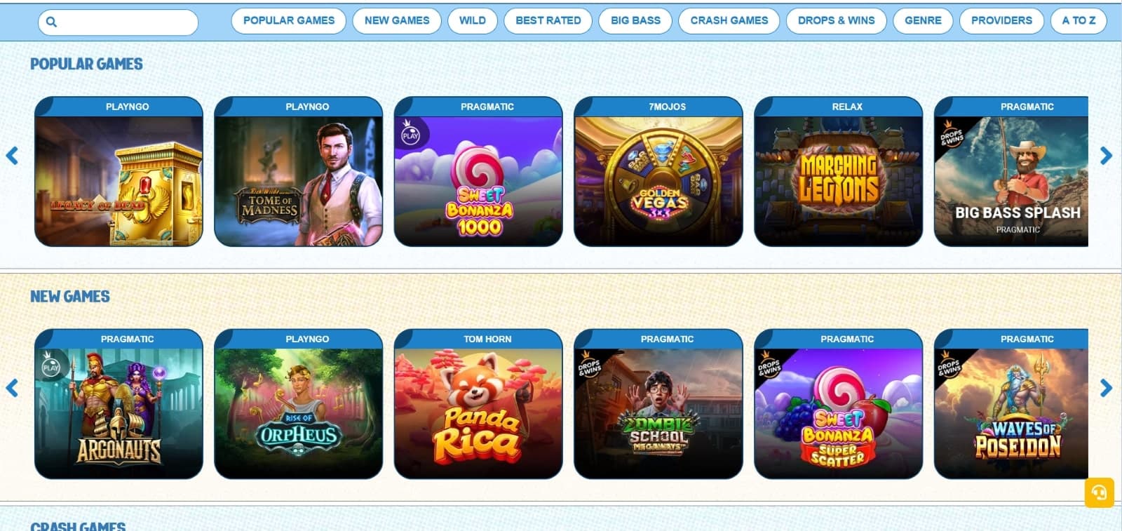 LuckyBull Casino games page featuring the popular and new slots such as Tome of Madness and Panda Rica