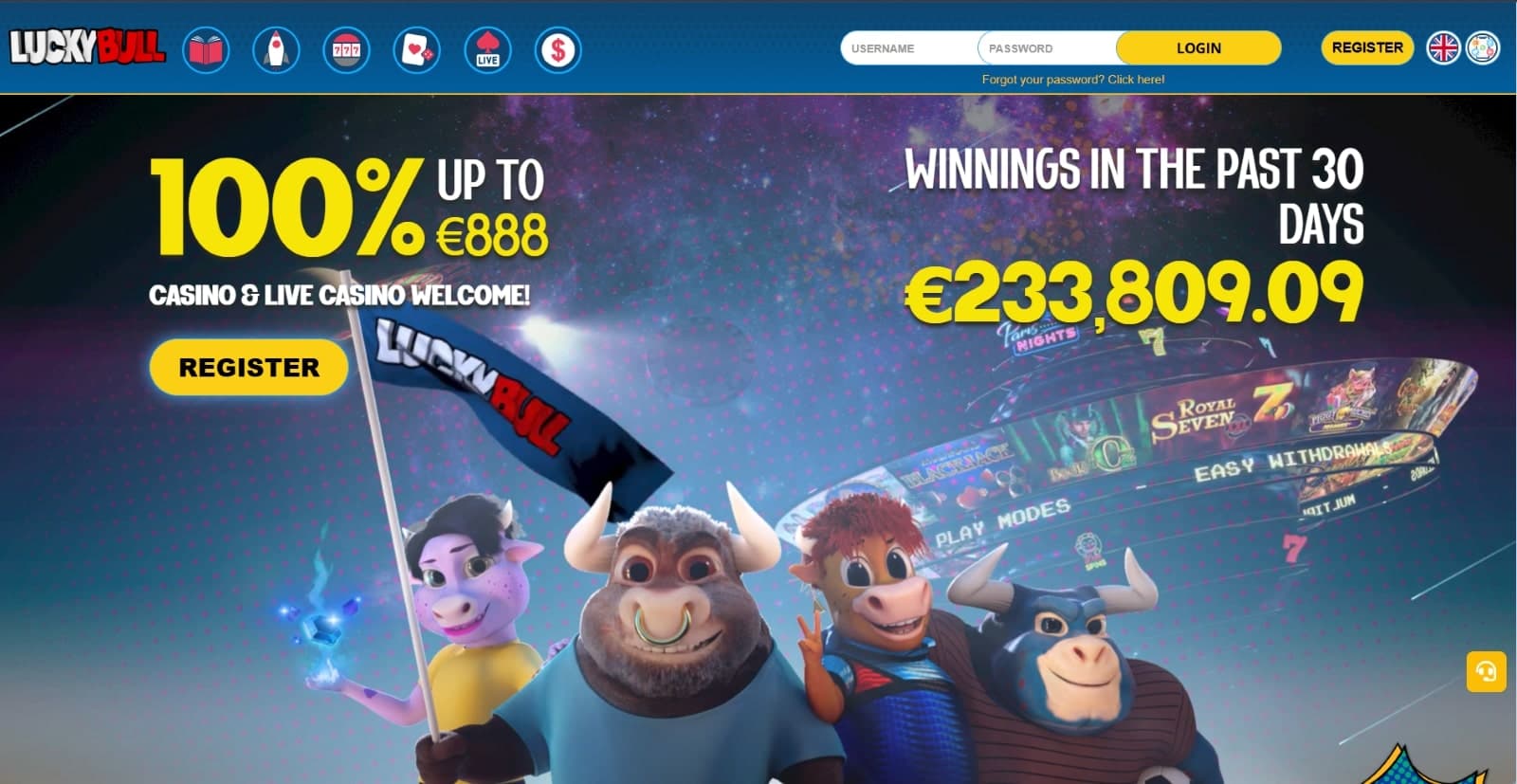 LuckyBull Casino landing page featuring the registration bonus with its bull mascots