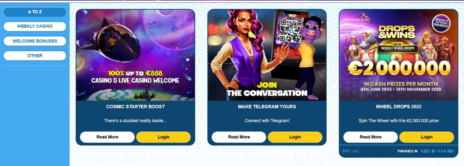 LuckyBull Casino promotions page featuring 100% welcome bonus of 888 euros, telegram bonus, and Drops and wins tournaments