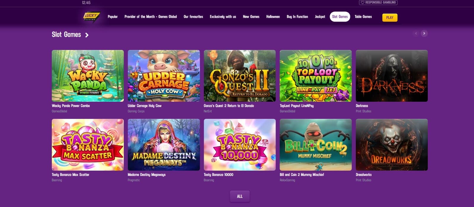 LuckyCasino games page featuring the slot game selection with icons under main categories 