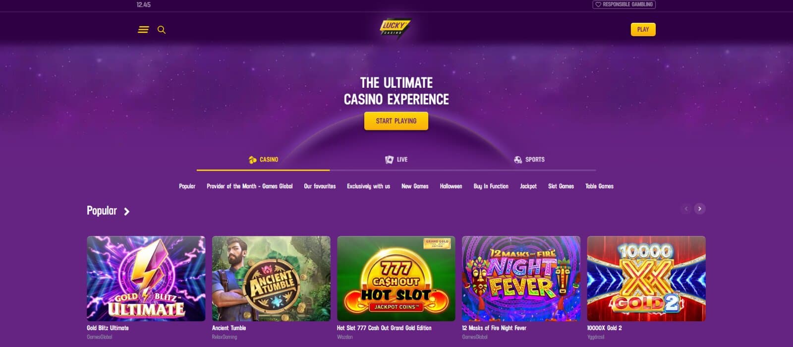 Luckycasino landing page featuring the casino, live casino, sports tabs and popular section with slot icons underneath