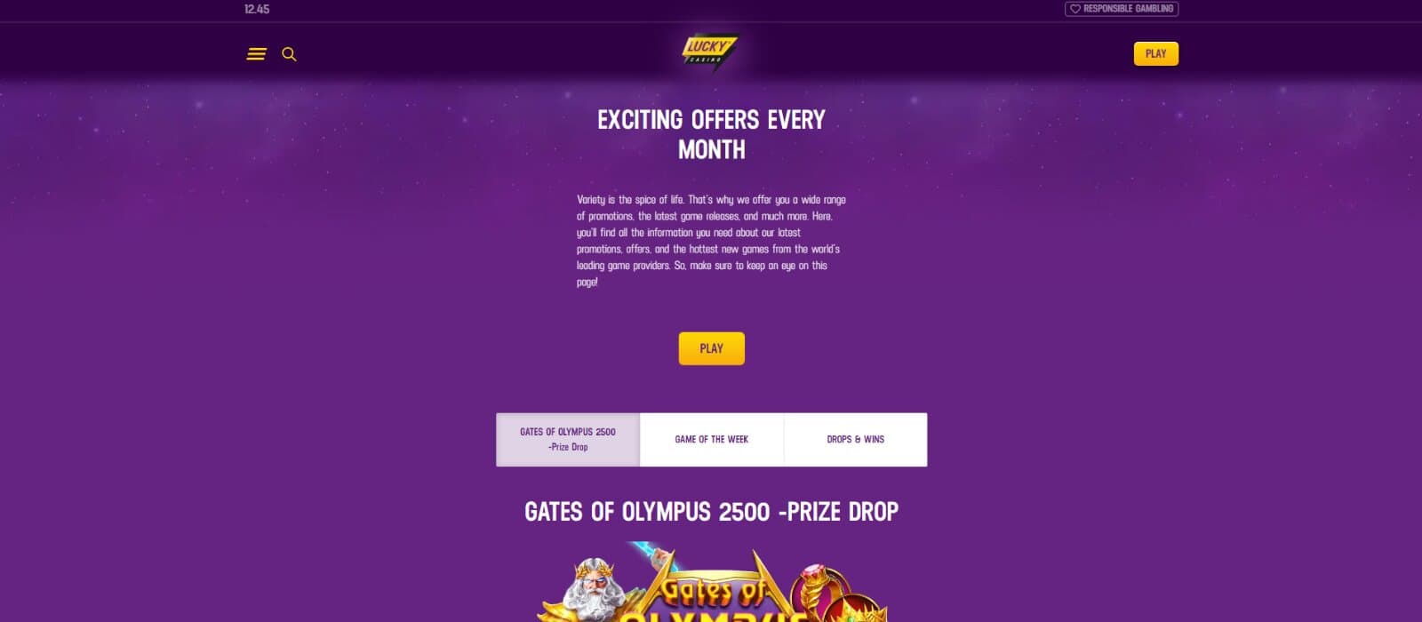 LuckyCasino Promotions Page featuring the monthly network slot tournaments such as prize drops and drops & wins