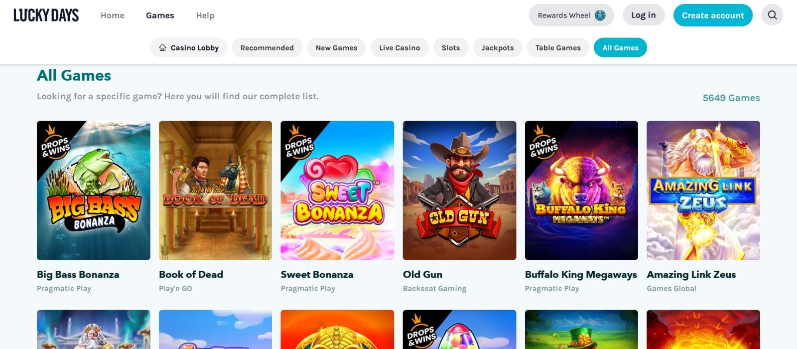Lucky Days Casino games page listing the 5000 slot and table games such as Big Bass Bonanza and Old Gun