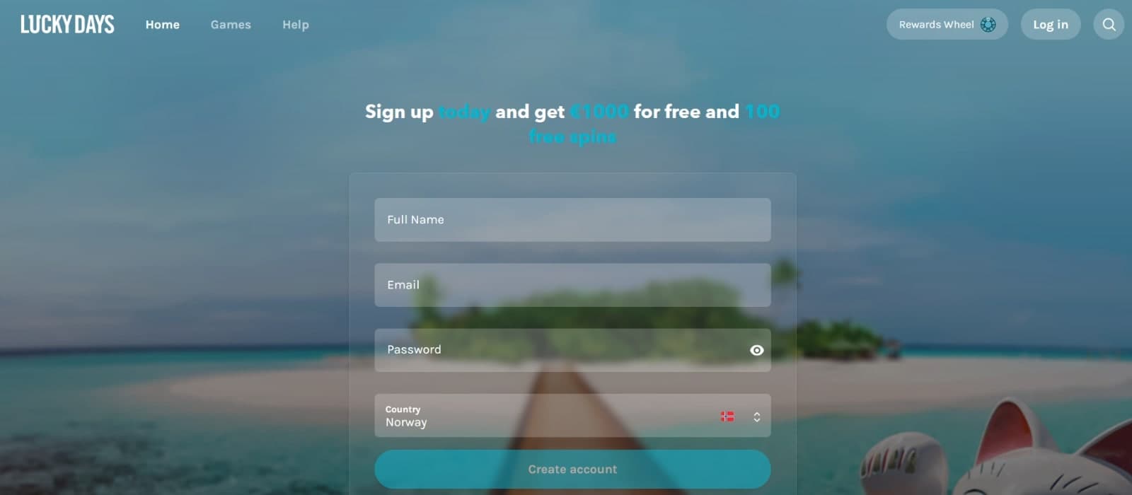 Lucky Days landing page with the sign up form and 1000 eur bonus