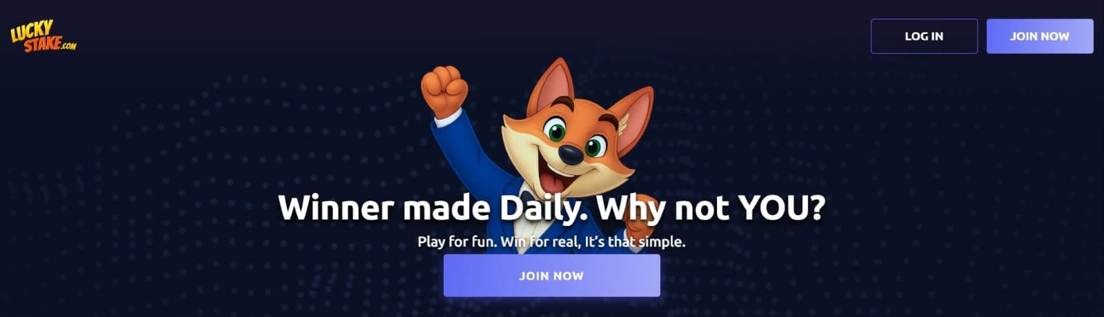 LuckyStake casino landing page banner with sign up buttons and fox mascot