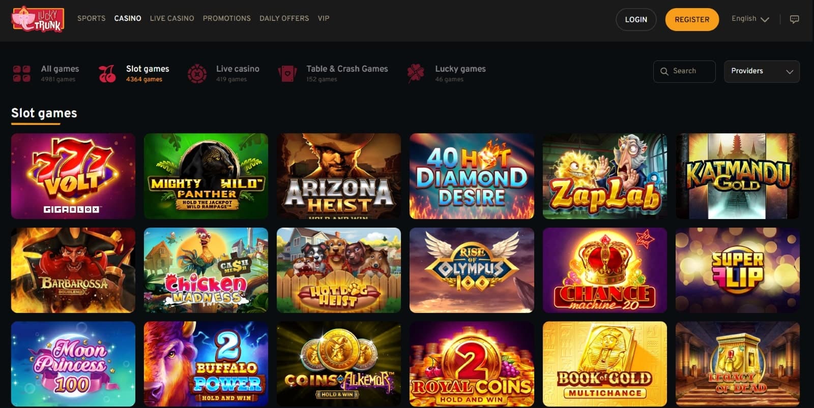 Lucky Trunk Casino games displaying slot games like Mighty Wild Panther and ZapLab