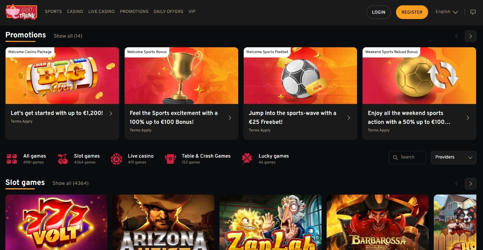 Lucky Trunk Casino landing page featuring the promotional offers and slot games library  and tab categories