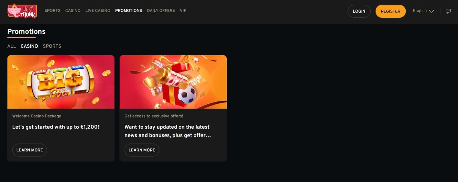 Lucky Trunk Casino promotions page featuring the welcome bonus of 1200 euros and exclusive offers