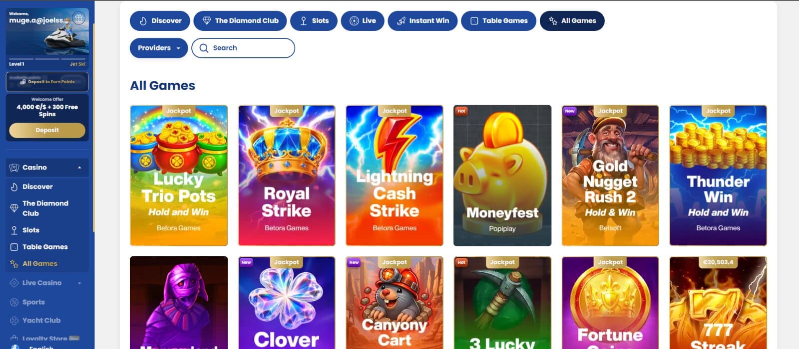 Lukki Casino's All Games page shows slot titles including Lucky Trio Pots, Royal Strike, and Lightning Cash Strike.