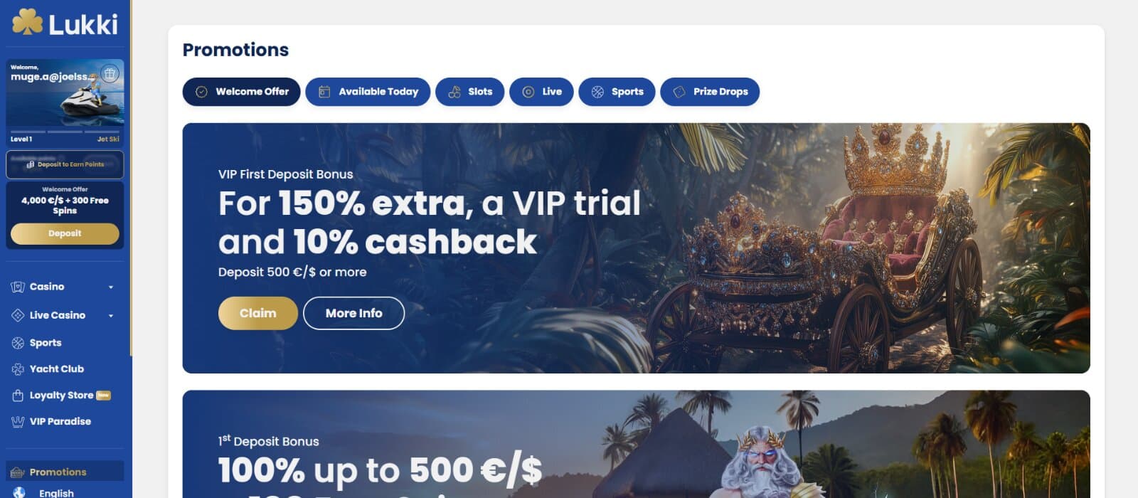 Lukki Casino promotions page features a VIP First Deposit Bonus banner.