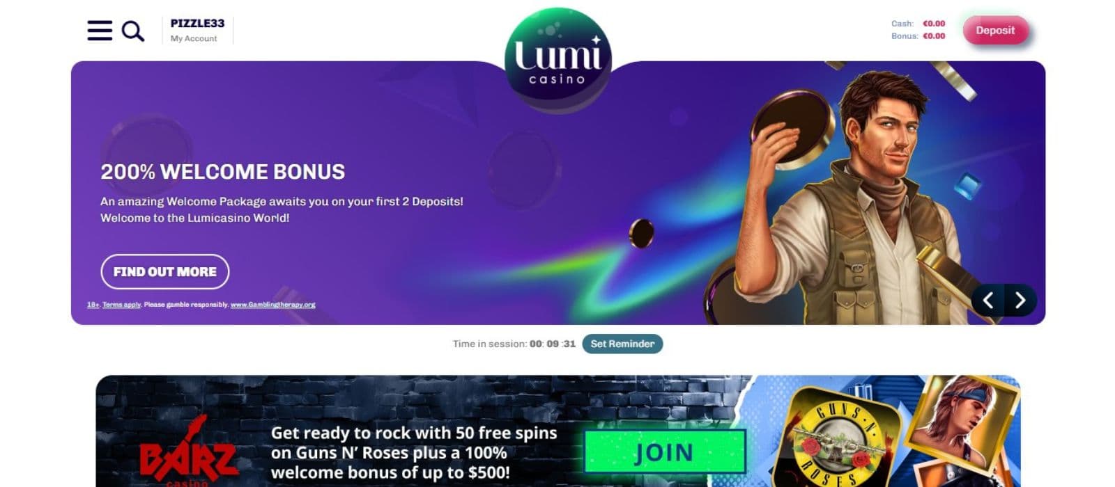 Lumi Casino's homepage, showing the first deposit welcome bonus worth 200% up to €200 plus 100 free spins.