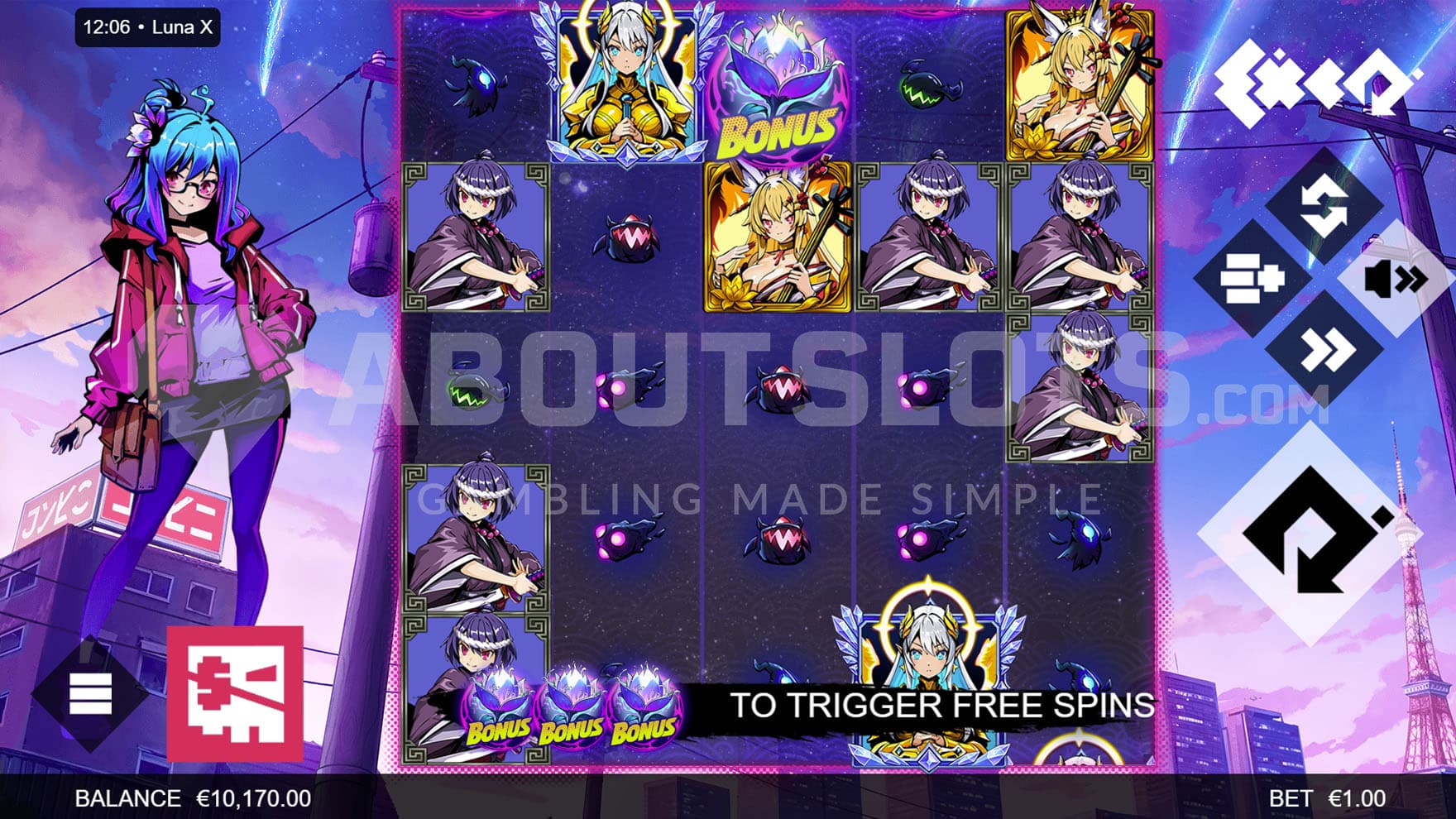 Base Game view of a 5x5 grid on a backdrop of an anime city with a teenage girl standing on the left.