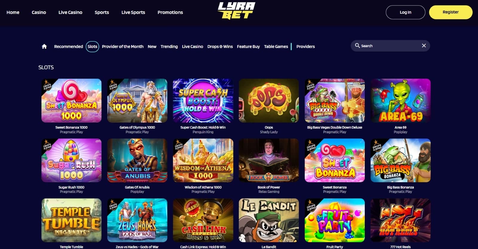 LyraBet Casino games page featuring slots such as Sweet Bonanza 1000 and Gates of Olympus 