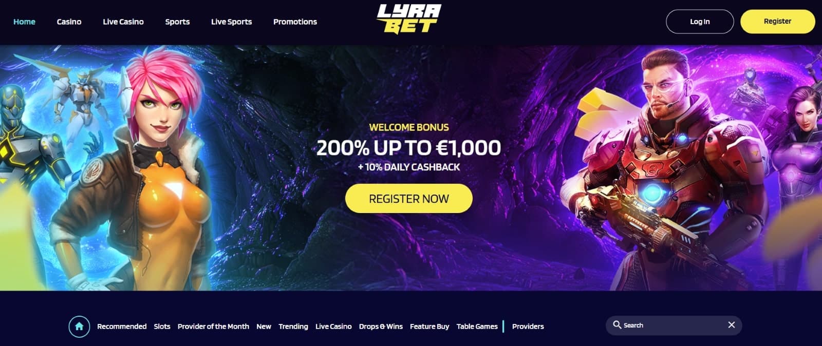 LyraBet Casino landing page promoting the welcome bonus of 1000 eur with sci-fi slot characters