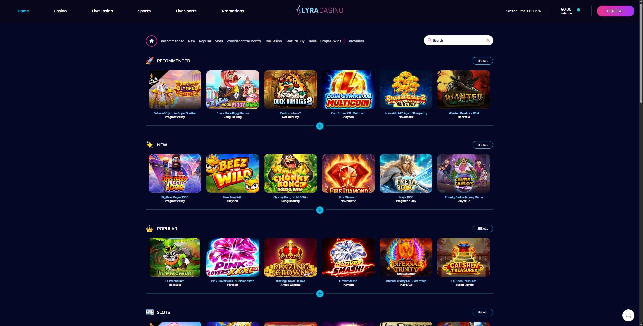 LyraCasino Landing Page showing the main menu and a selection of games