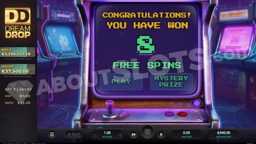 A welcome screen offering 8 Free Spins or a mystery prize.