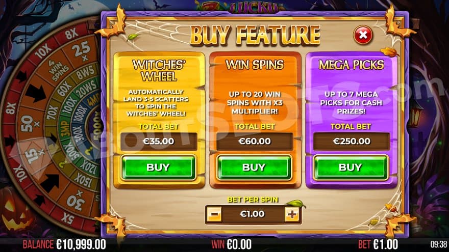 A menu offering the Witches' Wheel for 35X the bet, the Win Spins for 60X, and the Mega Picks for 250X.