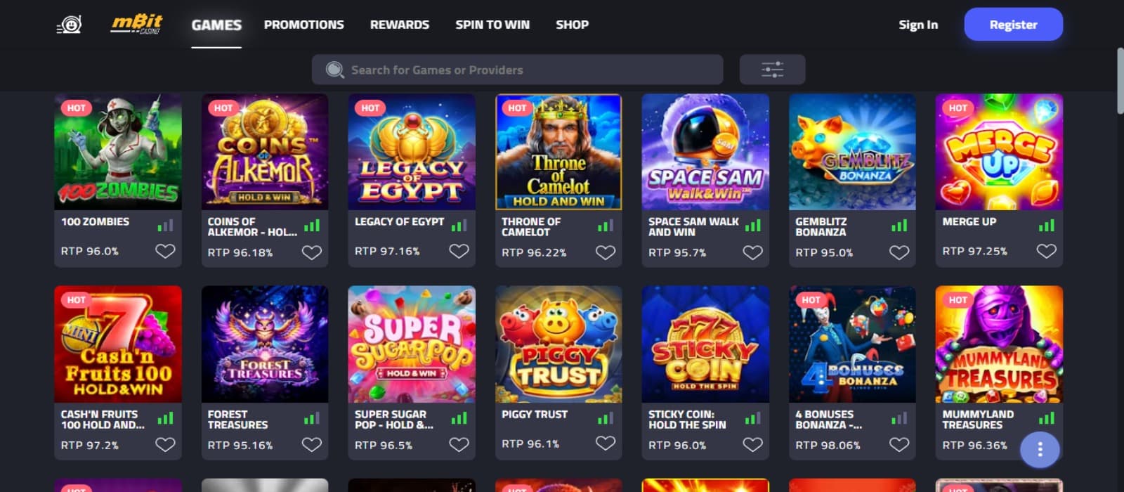 mBitCasino games page with the colourful icons of various slot games and top navigational menus