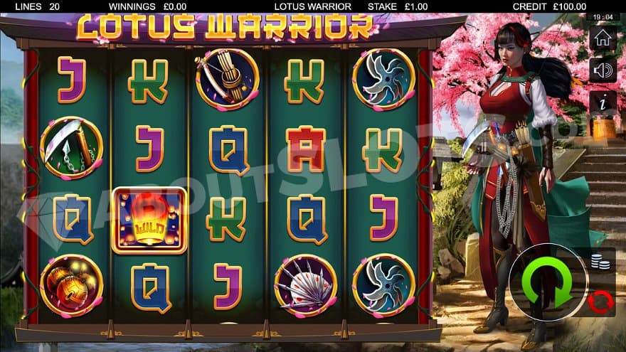 A female warrior next to a 5 reel casino slot.