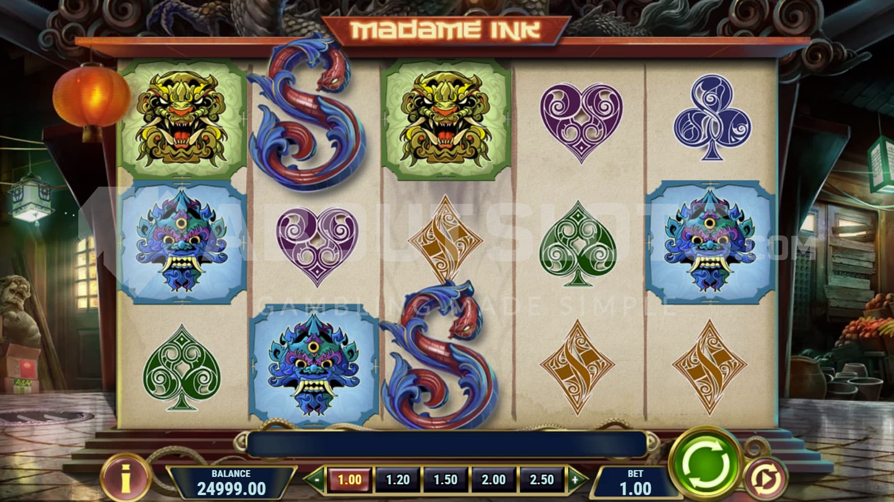 Base Game view of a 5x3 grid populated with tattoo-stylized symbols on a backdrop of a Chinatown back alley.