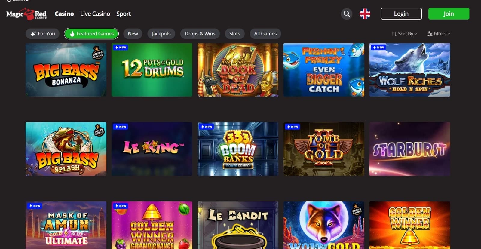 MagicRed Casino games page listing featured slot such as Big Bass Bonanza, Wolf Riches, Le King and Tomb of Gold