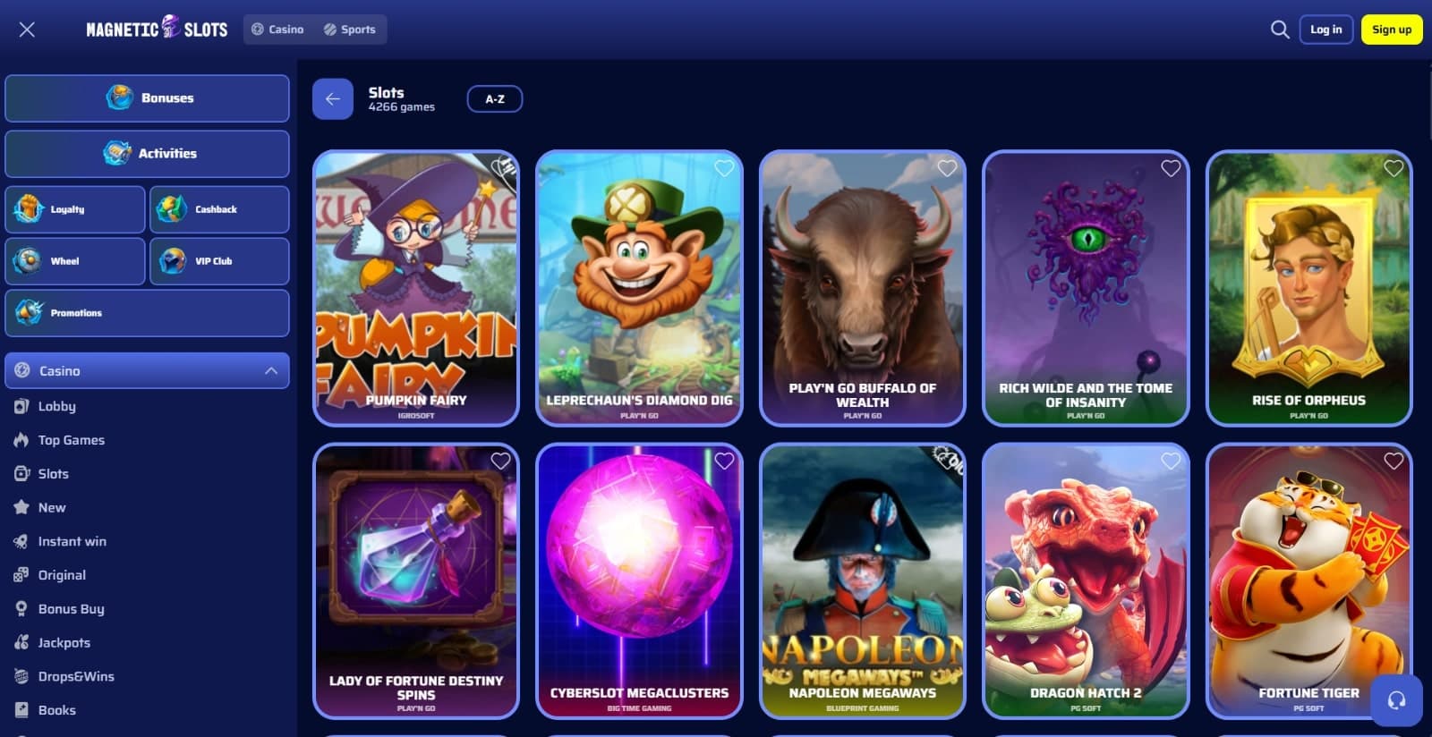 Magnetic Slots Casino's games page featuring the slot selection next to the side menu with links to table games, live casino, sportsbetting and other game categories