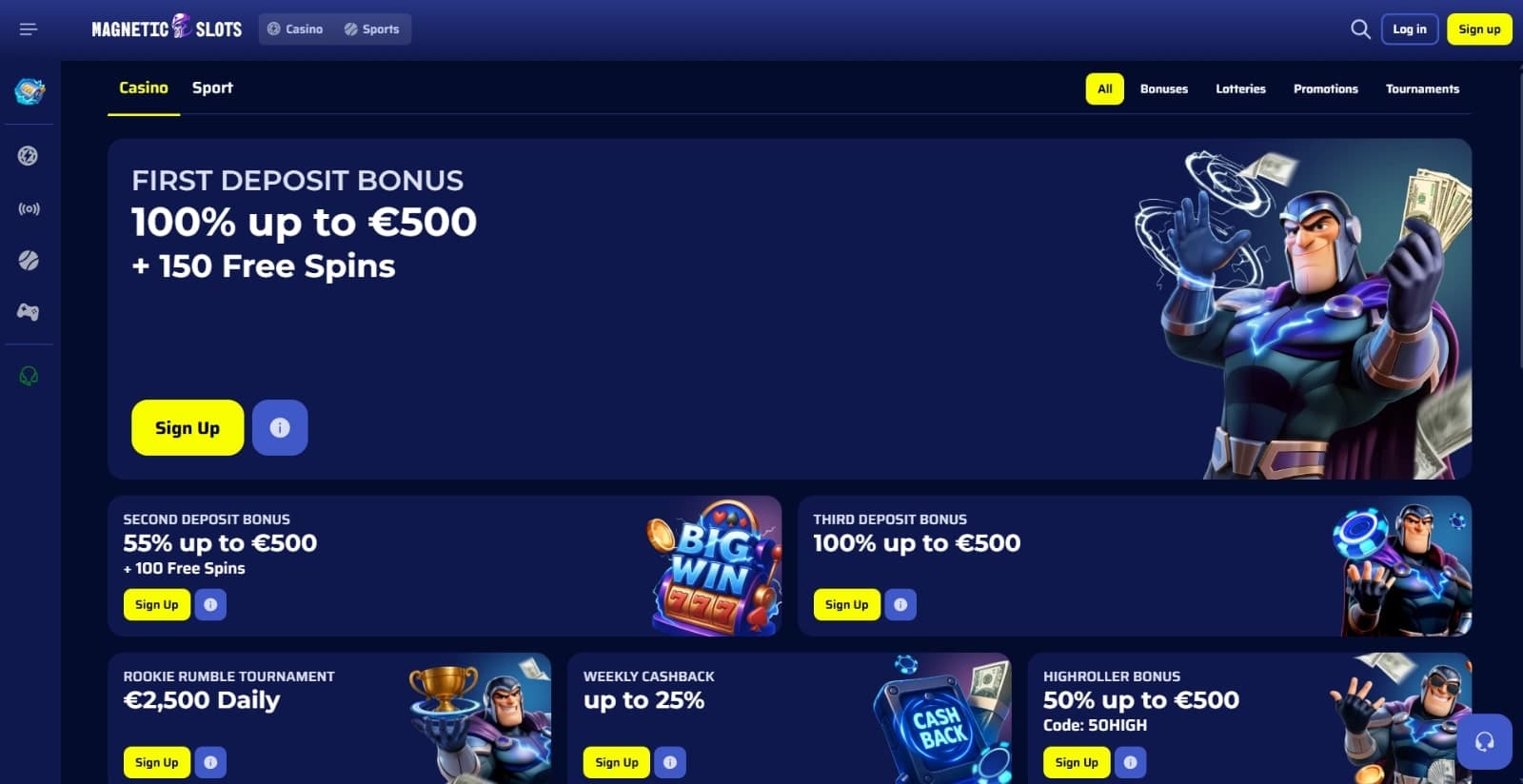 Magnetic Slots Casino's promotions page featuring the welcome offer, cashback, high roller offer, reloads, rakeback and other bonuses