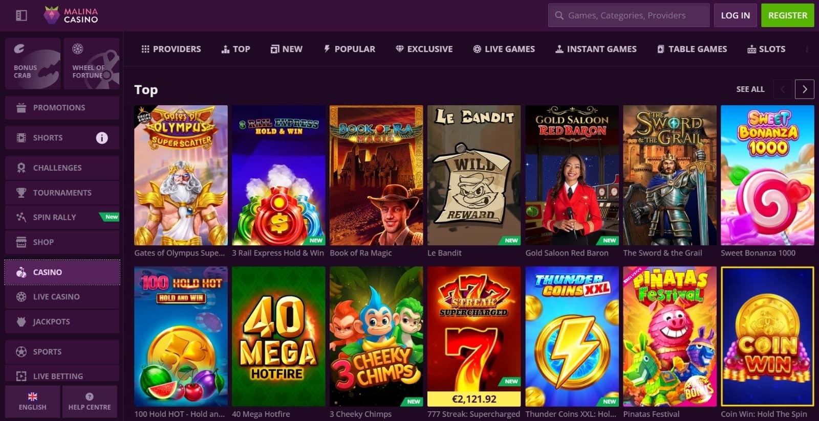Malina Casino's games page featuring top slots and table games, such as Gates of Olympus and Gold Saloon Red Baron
