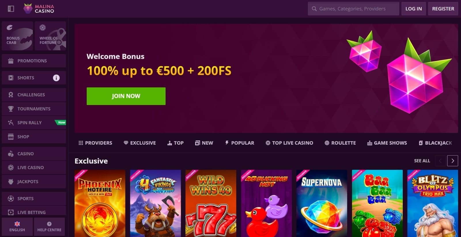 Malina Casino's landing page featuring the welcome bonus of 100% up to 500 euros and 200 free spins with left side menu and featured slots categories