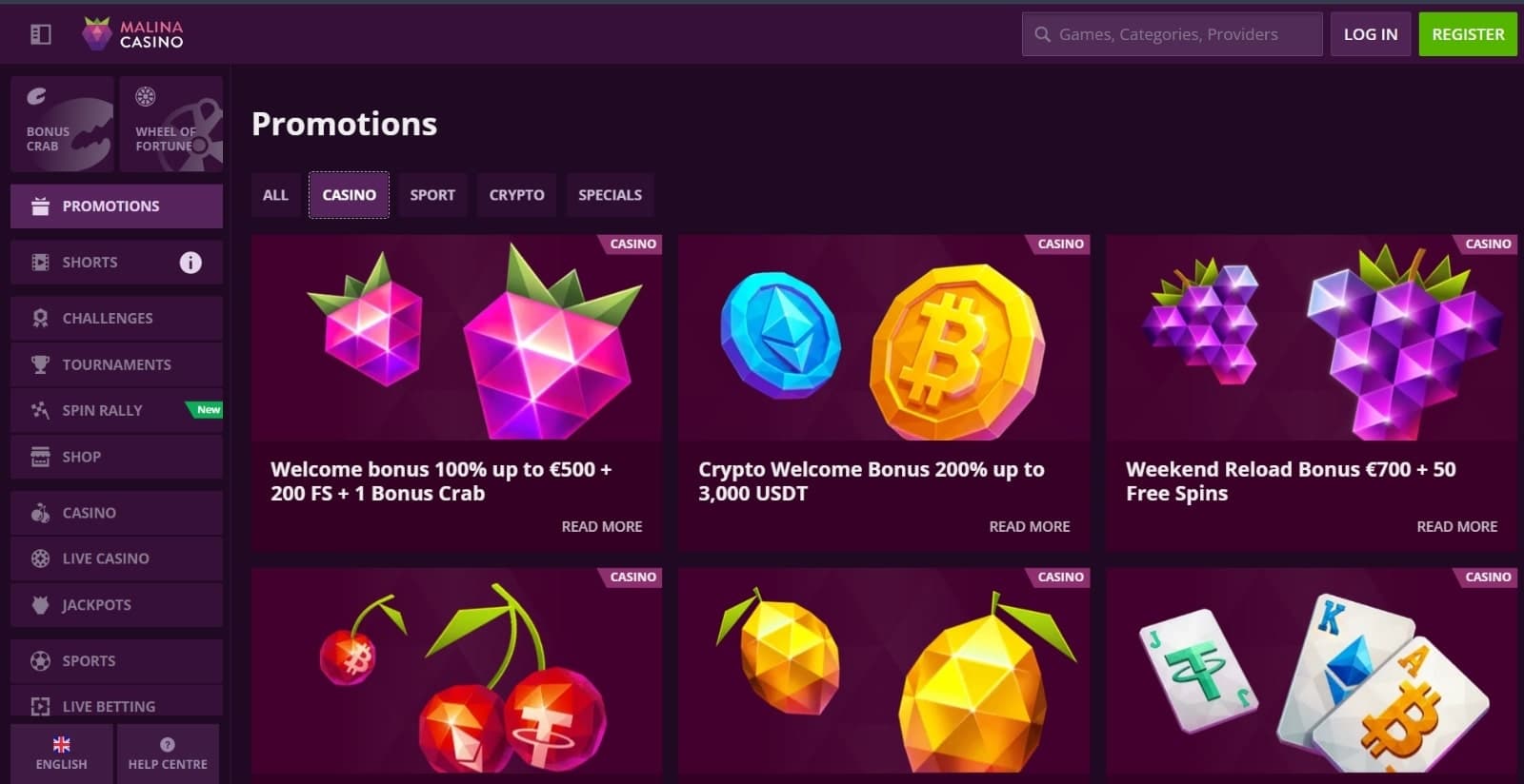 Malina Casino's promotional offerings which include the welcome, reload, crypto and cashback bonuses