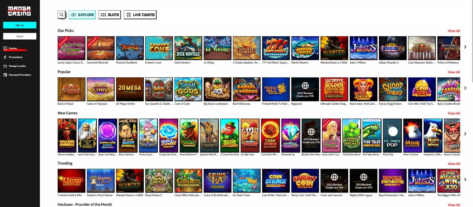 Manga Casino games page showing some of the available slots