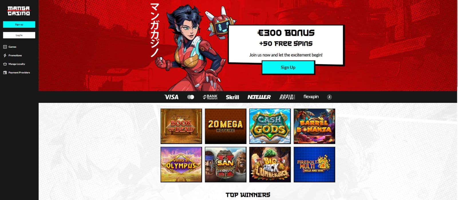 Manga Casino landing page showing the welcome bonus offer and a few selected casino games
